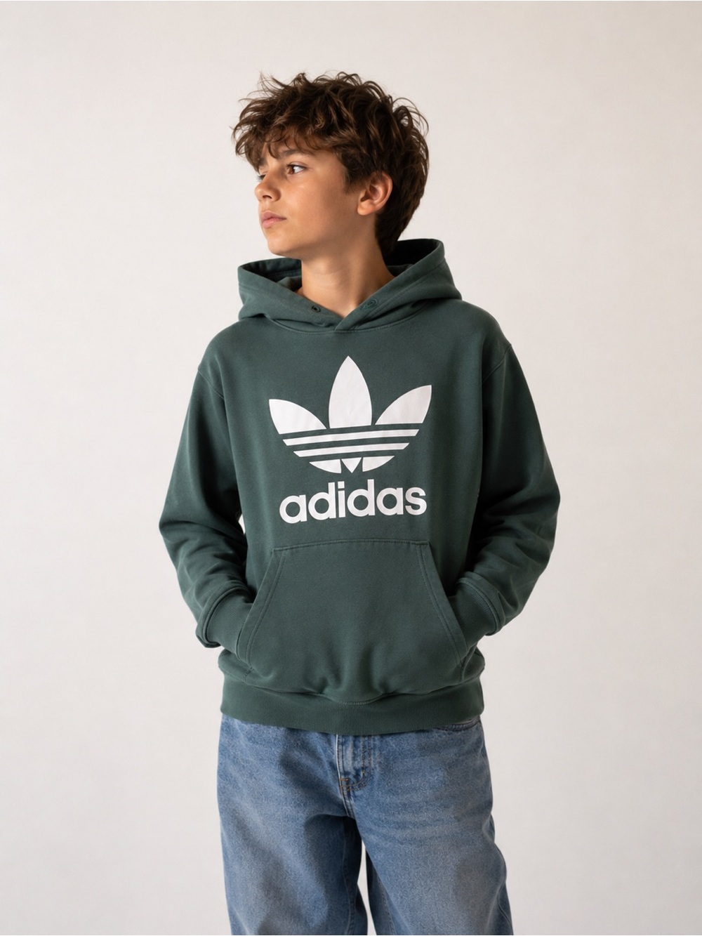 Adidas Pullover Hoodie Green white Trefoil-  size - 11-12y/M youth boys girls